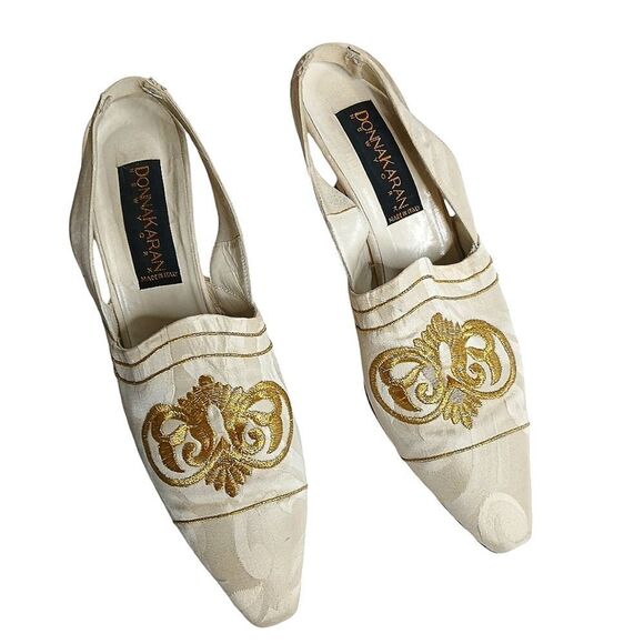 Vintage Black Label Donna Karan Italian Coll. Gold Slip On Mules - Picture 1 of 13